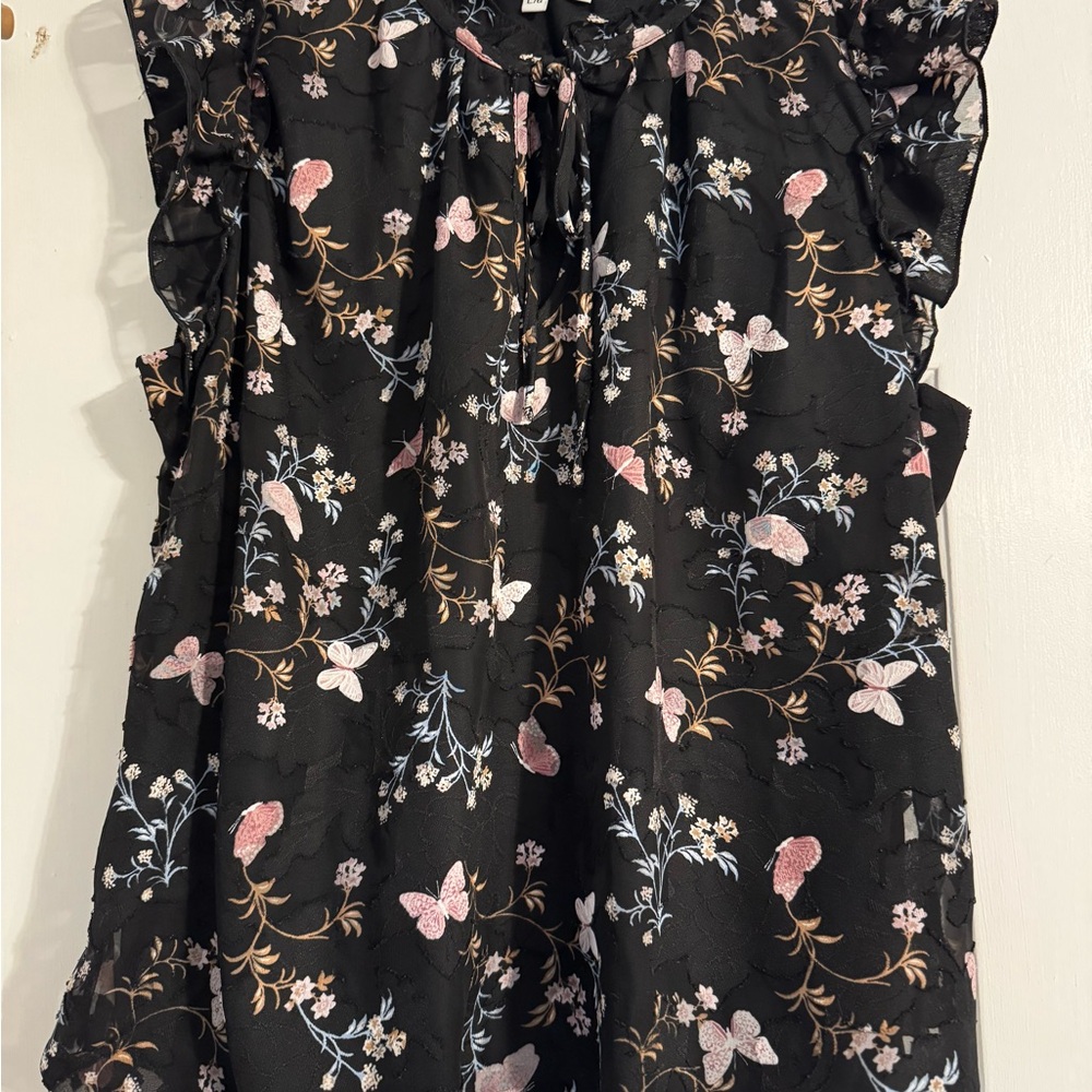 Black and Pink Ruffled Tie Front Blouse